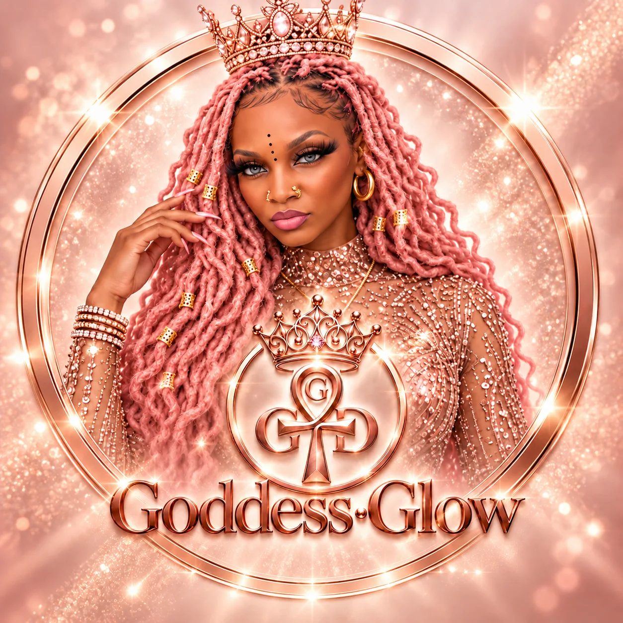 Goddess Glow portrait and emblem with a crown