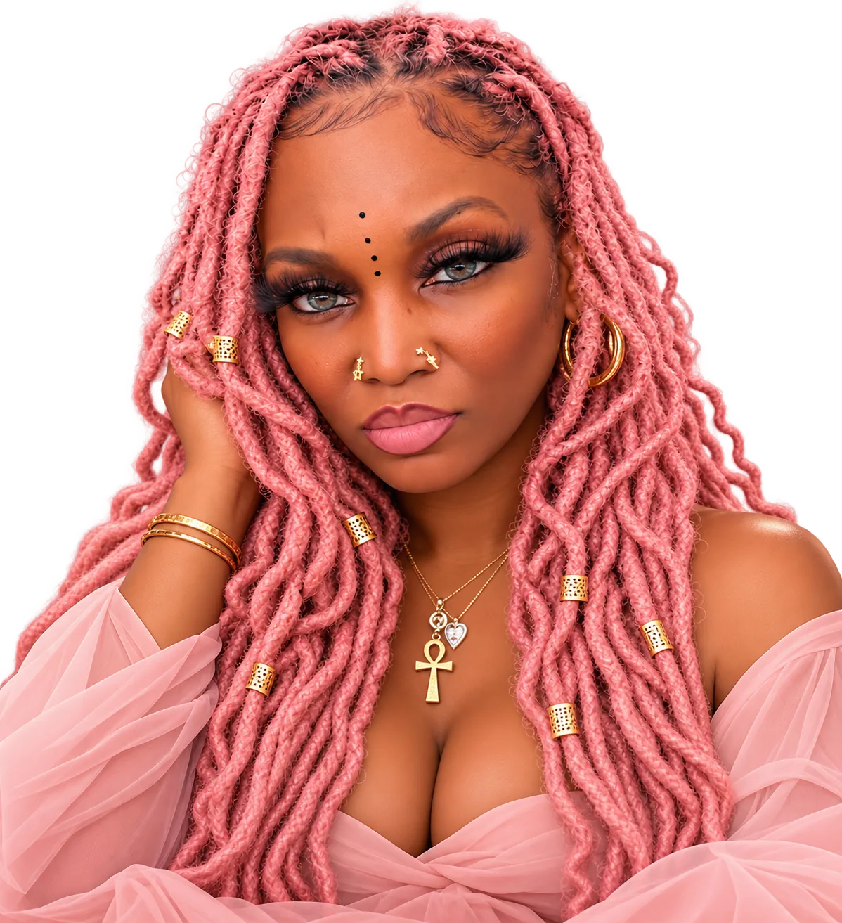Portrait of Shayla Boyd with blush pink locs